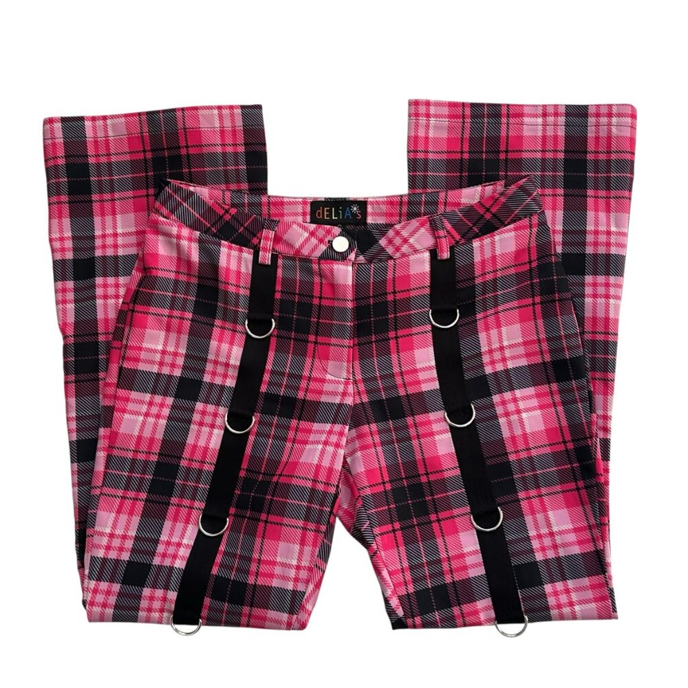 Dolls Kill Delia's Scream and Shout Pink Plaid Printed D-Ring Low Rise Pants S - Picture 2 of 4